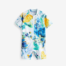 Load image into Gallery viewer, Blue /Ecru White Floral Sunsafe Swim Suit (3mths-5yrs)