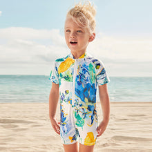 Load image into Gallery viewer, Blue /Ecru White Floral Sunsafe Swim Suit (3mths-5yrs)