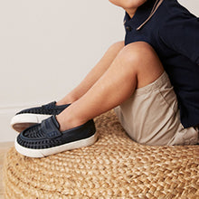 Load image into Gallery viewer, Navy Blue Woven Detail Contrast Sole Loafers (Younger Boys)