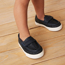 Load image into Gallery viewer, Navy Blue Woven Detail Contrast Sole Loafers (Younger Boys)