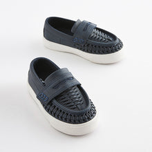 Load image into Gallery viewer, Navy Blue Woven Detail Contrast Sole Loafers (Younger Boys)