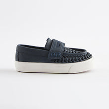 Load image into Gallery viewer, Navy Blue Woven Detail Contrast Sole Loafers (Younger Boys)