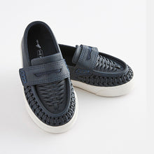 Load image into Gallery viewer, Navy Blue Woven Detail Contrast Sole Loafers (Younger Boys)