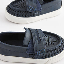 Load image into Gallery viewer, Navy Blue Woven Detail Contrast Sole Loafers (Younger Boys)