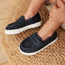 Load image into Gallery viewer, Navy Blue Woven Detail Contrast Sole Loafers (Younger Boys)