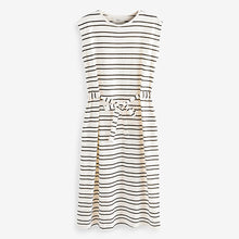 Load image into Gallery viewer, Ecru Cream/Black Stripe Short Sleeve 100% Cotton Belted T-Shirt Midi Summer Dress