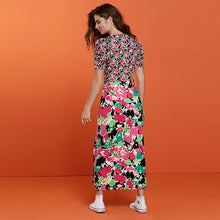 Load image into Gallery viewer, Short Puff Sleeve Ruched V-Neck Midi Dress