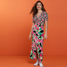 Load image into Gallery viewer, Short Puff Sleeve Ruched V-Neck Midi Dress