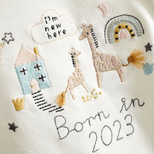 Load image into Gallery viewer, White/Grey Born In 2023 Single Sleepsuit (0-9mths)