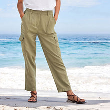 Load image into Gallery viewer, Khaki Green Linen Blend Cargo Taper Trousers