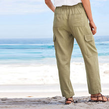 Load image into Gallery viewer, Khaki Green Linen Blend Cargo Taper Trousers