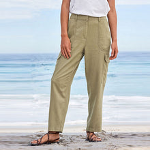 Load image into Gallery viewer, Khaki Green Linen Blend Cargo Taper Trousers