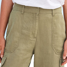 Load image into Gallery viewer, Khaki Green Linen Blend Cargo Taper Trousers