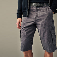 Load image into Gallery viewer, Grey Long Length Belted Cargo Shorts