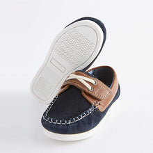 Load image into Gallery viewer, Navy/Tan Boat Shoes (Younger Boys)