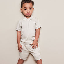 Load image into Gallery viewer, Neutral Cream Short Sleeve Jersey Zip Neck Polo Shirt And Shorts Set (3mths-6yrs)