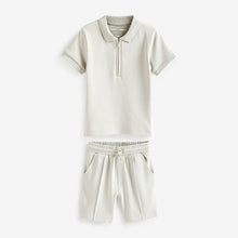 Load image into Gallery viewer, Neutral Cream Short Sleeve Jersey Zip Neck Polo Shirt And Shorts Set (3mths-6yrs)