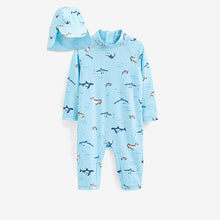 Load image into Gallery viewer, Blue Sea Animals Sunsafe 2pc Swimsuit & Hat (3mths-5yrs)