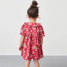 Load image into Gallery viewer, Red Floral Peter Pan Collar Puff Sleeve Cotton Jersey Dress (3mths-6yrs)