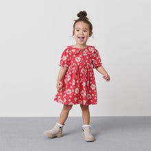 Load image into Gallery viewer, Red Floral Peter Pan Collar Puff Sleeve Cotton Jersey Dress (3mths-6yrs)