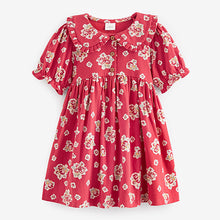 Load image into Gallery viewer, Red Floral Peter Pan Collar Puff Sleeve Cotton Jersey Dress (3mths-6yrs)
