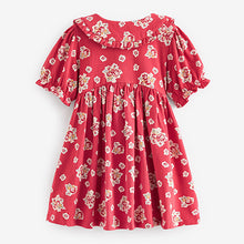 Load image into Gallery viewer, Red Floral Peter Pan Collar Puff Sleeve Cotton Jersey Dress (3mths-6yrs)