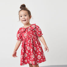 Load image into Gallery viewer, Red Floral Peter Pan Collar Puff Sleeve Cotton Jersey Dress (3mths-6yrs)