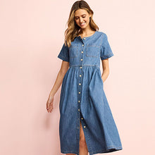 Load image into Gallery viewer, Mid Blue Button Through Denim Midi Dress