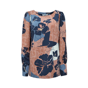 Pink Floral Long Sleeve Crew Neck Cuff Blouse