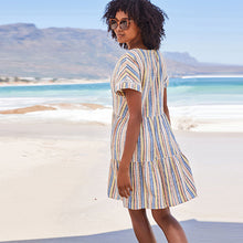 Load image into Gallery viewer, Multi Stripe Linen Blend Tiered Mini Dress