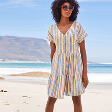 Load image into Gallery viewer, Multi Stripe Linen Blend Tiered Mini Dress