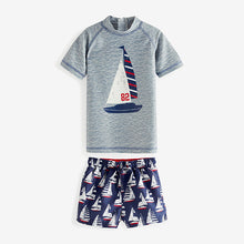 Load image into Gallery viewer, Grey/Navy Blue Boat 2-Piece Rash Vest And Shorts Set (3mths-5yrs)