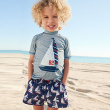 Load image into Gallery viewer, Grey/Navy Blue Boat 2-Piece Rash Vest And Shorts Set (3mths-5yrs)