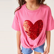 Load image into Gallery viewer, Pink/Red Heart Short Sleeve Sequin T-Shirt (3-12yrs)