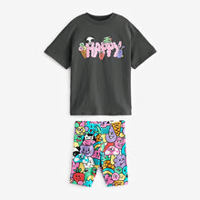 Load image into Gallery viewer, Charcoal Happy Character Oversized T-Shirt and Cycling Shorts Set (3-12yrs)