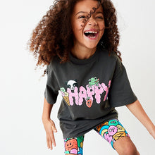 Load image into Gallery viewer, Charcoal Happy Character Oversized T-Shirt and Cycling Shorts Set (3-12yrs)