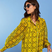 Load image into Gallery viewer, Ochre Yellow Floral Sheer Lace Trim Long Sleeve Mini Shirt Dress