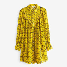 Load image into Gallery viewer, Ochre Yellow Floral Sheer Lace Trim Long Sleeve Mini Shirt Dress