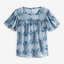 Load image into Gallery viewer, Light Blue / Cream Print Flutter Short Sleeve Top