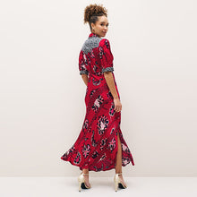 Load image into Gallery viewer, Red/ Navy Blue Patch Print Split Hem Puff Sleeve V-Neck Maxi Dress
