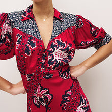Load image into Gallery viewer, Red/ Navy Blue Patch Print Split Hem Puff Sleeve V-Neck Maxi Dress