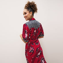 Load image into Gallery viewer, Red/ Navy Blue Patch Print Split Hem Puff Sleeve V-Neck Maxi Dress