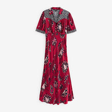 Load image into Gallery viewer, Red/ Navy Blue Patch Print Split Hem Puff Sleeve V-Neck Maxi Dress