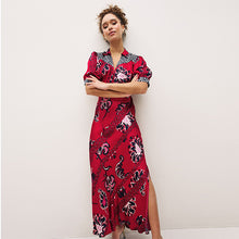 Load image into Gallery viewer, Red/ Navy Blue Patch Print Split Hem Puff Sleeve V-Neck Maxi Dress