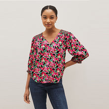 Load image into Gallery viewer, Pink Floral Curved Hem 3/4 Sleeve V-Neck Top