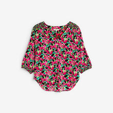 Load image into Gallery viewer, Pink Floral Curved Hem 3/4 Sleeve V-Neck Top