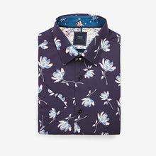 Load image into Gallery viewer, Blue Navy Floral Regular Fit  Printed Trimmed Short Sleeve Shirt