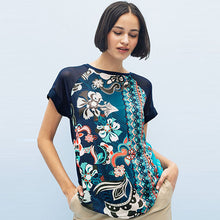 Load image into Gallery viewer, Blue Floral Woven Mix Short Sleeve Raglan T-Shirt