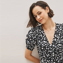 Load image into Gallery viewer, Black /White Spot Short Sleeve V-Neck Wrap Mini Dress