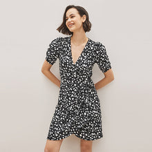 Load image into Gallery viewer, Black /White Spot Short Sleeve V-Neck Wrap Mini Dress